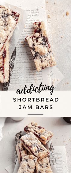 the recipe for shortbread jam bars is shown on top of an open book and below it