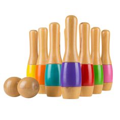 an assortment of wooden toys with different colors