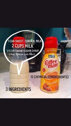 an image of coffee mate and 3 ingredients on the kitchen counter with speech bubble above it