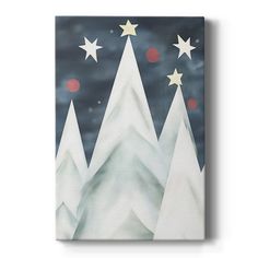 a painting with stars on top of snow covered mountains