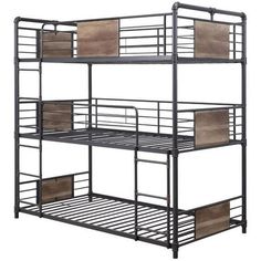 bunk bed with metal frame and wooden drawers on the bottom level, against a white background