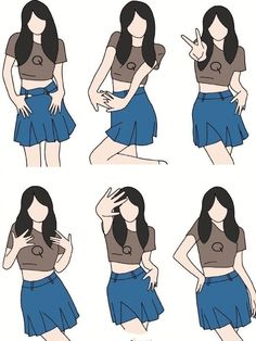 four different poses of a woman wearing a skirt and crop top with her hands on her hips