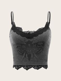 Grey Casual Collar  Fabric Halloween Cami Embellished Slight Stretch  Women Tops, Blouses & Tee Clubwear Outfits, Butterfly Skull, Lace Trim Cami Top, Insect Print, Lace Trim Cami, Y2k Outfits, Swaggy Outfits, Tank Top Camisole, Really Cute Outfits