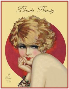 a painting of a woman with her hand on her chin and the words blonde beauty