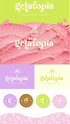 the website for gelatopia is shown in pink, green and yellow colors with white lettering