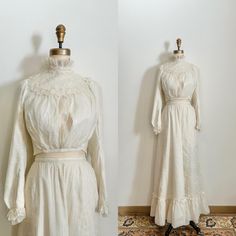 |d e s c r i p t i o n| *circa early 1900s *beautiful Edwardian sheer skirt and bodice set  *I'm not sure of the fabric, maybe a silk muslin blend with shimmer thread design throughout *beautiful lace yoke on bodice with tissue silk around neckline  *skirt is a simple Edwardian aline shape which is longer in the back and hooks into the bodice at back  *bodice opens from left front and has hooks into the fabric at top and bottom  *inside bodice has cotton lining which hooks in middle front, this Edwardian Skirt, Thread Design, Prom 2024, Sheer Skirt, Ladies Dress, P T, Early 1900s, Dress Clothes For Women, Petticoat