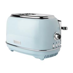 a light blue toaster sitting on top of a white counter next to a wall