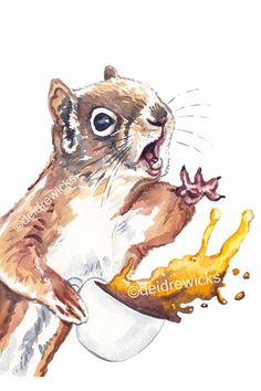 a watercolor painting of a chipmun eating a piece of food with its mouth open