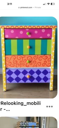 an old dresser has been painted with bright colors and is being displayed on the internet