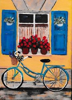 a painting of a bicycle parked in front of a window with blue shutters and red flowers