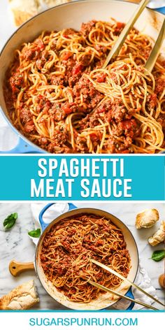 spaghetti with meat sauce in a skillet and on the side, next to an image of