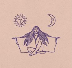 a drawing of a woman sitting on a bed with the sun above her head