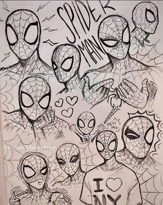 a drawing of spider - man and other characters with the words spiderman on them