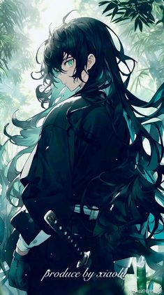 an anime character with long hair standing in the woods