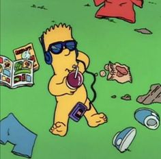 a cartoon character with sunglasses and headphones in the grass next to other items that have been thrown onto the ground