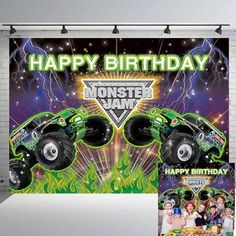 a monster truck birthday party banner and table cover with an image of the monster truck