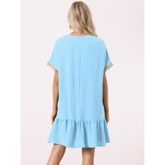 Looking for a dress that's perfect for your spring-summer outings? Look no further than this sweet V-neck Splicing Lace dress. With its short sleeves and A-line design, it's both stylish and comfortable. The dress features a v-neck and a Solid color that's sure to turn heads. It's versatile enough to wear for Daily Style, Work Office, Home Wear, Casual Wear or Party, Beach, Club, Travel, Leisure, Dating, Shopping, and more. Mix and match different accessories to create the perfect look for any occasion. Get ready to receive compliments on your impeccable style! Blue V-neck Short Sleeve Dress For Spring, Light Blue V-neck Mini Dress For Vacation, Knee-length Short Sleeve Summer Beach Dress, Knee-length Summer Short Sleeve Dress For Vacation, Summer Knee-length Short Sleeve Dress For Vacation, Knee-length Summer Dress For Vacation, Cotton Short Sleeve Mini Dress For Beach, Cotton Mini Dress With Short Sleeves For Beach, Cotton Mini Dress With Short Sleeves For Vacation