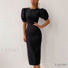 Lasaky - Short Sleeve Bodycon Dress with High Waist and Puff Sleeves Black Midi Dress Casual, Homewear Dress, Vintage Pencil Dress, A Line Evening Dress, White Corset, Short Sleeve Bodycon Dress, Bubble Sleeve, Sleeves Clothing, Crewneck Dress