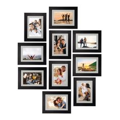 a group of six pictures hanging on the wall with multiple frames around them, all displaying different family photos