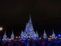 people are standing in front of the castle at night