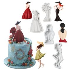 there are many figurines on top of this birthday cake, which is decorated with women's dresses and flowers