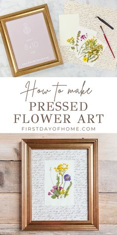 Framed pressed flower wall art supplies and finished framed pressed flower art. Text overlay reads "Pressed Flower Art". Flatten Flowers In Frame, Framed Flowers Diy, Pressed Flower Window, Press And Frame Flowers, Pressed Flowers How To, How To Frame Flowers Diy, Dry Flower Frame Ideas, Flower Press Crafts, Dried Flower Picture Frame Wall Art