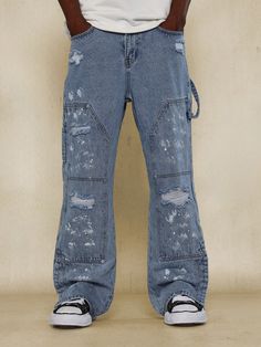 Flare Fit Distressed Carpenter Denim Jean With Splatter Paint & Buttoned Side Split Baby Blue    Denim Colorblock Straight Leg Non-Stretch  Men Clothing, size features are:Bust: ,Length: ,Sleeve Length: Grunge Denim Jeans With Holes, Paint Splatter Straight Leg Denim Jeans, Grunge Jeans With Holes, Casual Cotton Jeans With Paint Splatter, Trendy Paint Splatter Denim Jeans, Trendy Denim Bottoms With Paint Splatter, Casual Paint Splatter Jeans For Streetwear, Spring Denim Bottoms With Paint Splatter, Trendy Paint Splatter Denim Bottoms