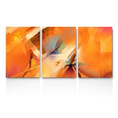 an abstract painting with oranges and yellows on the sides, in three panels