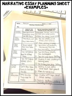 a paper with writing on it next to a computer keyboard and mouse that says, narrative easy planning sheet examples