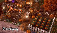 an image of a garden with pumpkins and other things in the yard at night