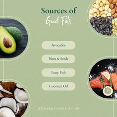 four different types of foods that include avocado, nuts and seeds are shown