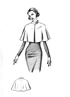 a drawing of a woman in a dress and cape with her hands out to the side