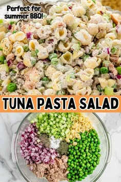 pasta salad with tuna and peas in a glass bowl