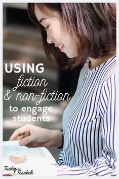 a woman using a laptop computer with text overlay reading using fiction and non - fiction to engage students