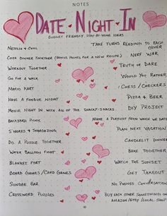 a notebook with pink hearts and the words date night in