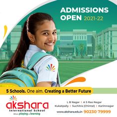 an advertisement for the school with a girl smiling and holding a backpack on her back