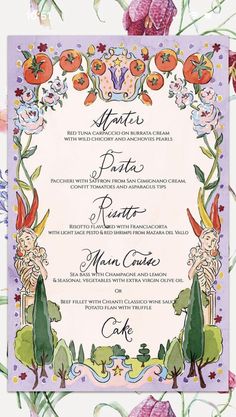 a menu with flowers and plants on it