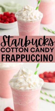 strawberry milkshake with whipped cream and strawberries in the background text reads starbucks cotton candy frappuccino