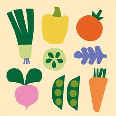 various vegetables are arranged in the shape of a circle on a beige background, including carrots, celery, tomatoes and broccoli