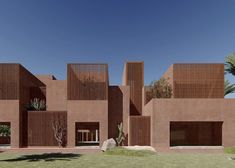 an architectural rendering of a house in the desert with palm trees and rocks on the lawn