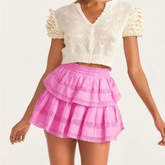 100% Cotton Fully Lined Elastic Waistband Tiered Ruffle Skirt With Lace Trim Please Note: Due To The Unique Wash, Colors And Patterns May Vary Slightly Skirt Measures Approx 15" In Length Sorority Recruitment Outfits, Recruitment Outfits, Tiered Mini Skirt, Tiered Ruffle Skirt, Ruffle Mini Skirt, Pink Ruffle, Lace Inset, Fitted Skirt, Ruffle Skirt