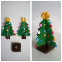 two pictures of christmas trees made out of legos, one is green and the other is brown