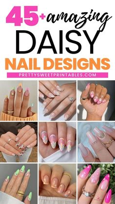 Nail Art Designs Flowers Daisy, Pink Daisy Nail Art, Daisy Spring Nails, Nail Art Daisies, Easter Nails Almond Shape, Almond Shaped Nails Designs Spring, Short Daisy Nails, Spring Almond Shaped Nails, Daisy Nail Designs