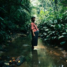 a man standing in the middle of a stream surrounded by lush green plants and trees