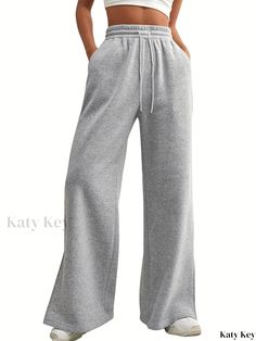 Katykey - Elastic Waist Drawstring Sport Pants with Slant Pockets, Loose Fit Sports Trousers for Women - Premium Activewear Full Length Drawstring Bottoms For Leisure, Gray Full Length Drawstring Bottoms, Gray Wide Leg Sweatpants With Drawstring, Gray Wide-leg Sweatpants With Drawstring, Gray Wide Leg Drawstring Bottoms, Gray Wide Leg Bottoms With Drawstring, Gray Drawstring Pants For Loungewear, Wide-leg Drawstring Pants For Lounging, Stretch Full Length Wide Leg Pants With Drawstring