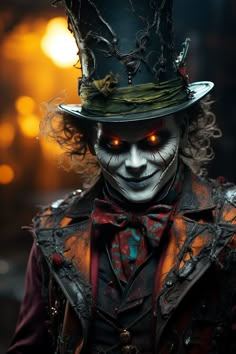 a creepy clown wearing a top hat with red eyes