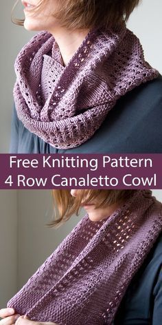 a woman wearing a purple knitted scarf with the words free knitting pattern 4 row candelto cowl