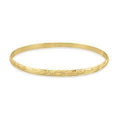 72690 - 14K Yellow Gold - 4mm Hawaiian Heirloom Plumeria Scroll-Around Bracelet Yellow Gold Bangle Bracelet With Decorative Band, Yellow Gold Bangle With Decorative Band, Gold Bracelet With Decorative Band For Anniversary, Yellow Gold Etched Bangle, Etched Yellow Gold Bangle, Intricate 14k Yellow Gold Bangle, Traditional Engraved 14k Gold Bracelet, Traditional 14k Gold Engraved Bracelet, Intricate 14k Gold Bracelet