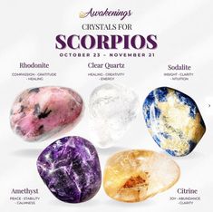 the crystals for scorpios flyer is shown in four different colors and sizes