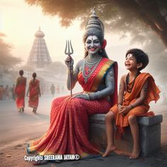 two young boys sitting on a bench next to a statue of hindu god and goddess